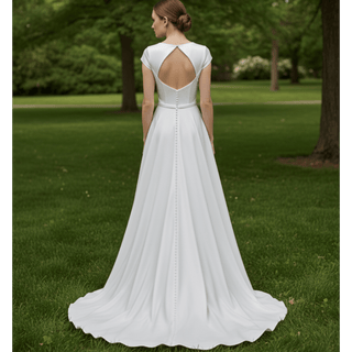 A-line Simple Satin White Wedding Dress with Short Sleeve - Rosymae