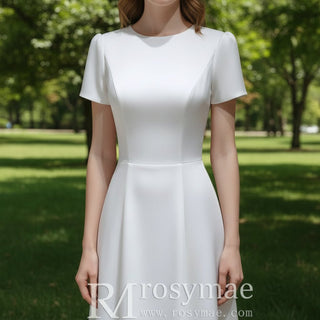 A-line Simple Satin White Wedding Dress with Short Sleeve - Rosymae