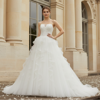 Spaghetti Strap Square Neckline Ballgown Beaded Wedding Dress