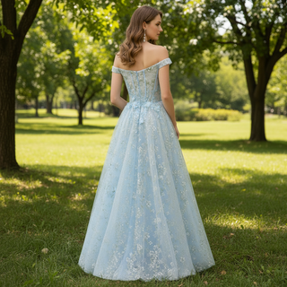 Light Blue Off-the-Shoulder A-line Long Prom Dress with Floral Appliques
