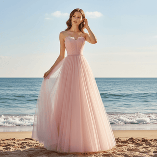 A-line Strapless Tulle Pink Evening Dresses Party Gowns - Rosymae