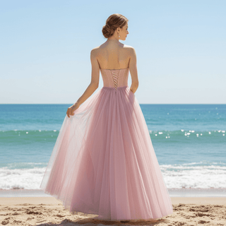 A-line Strapless Tulle Pink Evening Dresses Party Gowns - Rosymae
