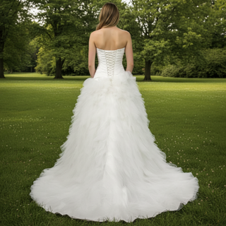 A Line Sweetheart Chapel Train Tulle Wedding Dress with Chapel Train