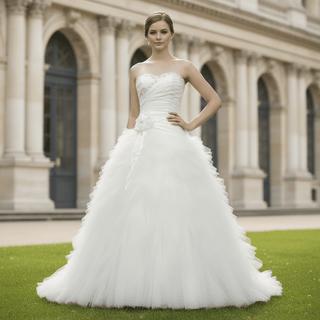 A Line Sweetheart Chapel Train Tulle Wedding Dress with Chapel Train - Rosymae