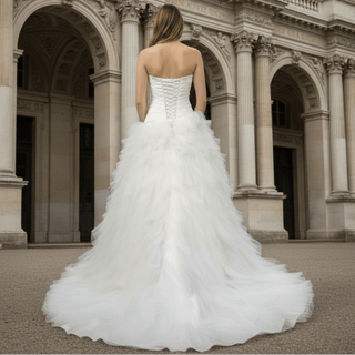 A Line Sweetheart Chapel Train Tulle Wedding Dress with Chapel Train - Rosymae