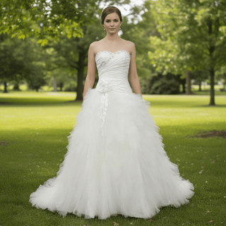 A Line Sweetheart Chapel Train Tulle Wedding Dress with Chapel Train - Rosymae