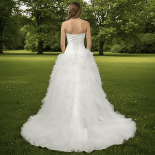 A Line Sweetheart Chapel Train Tulle Wedding Dress with Chapel Train - Rosymae