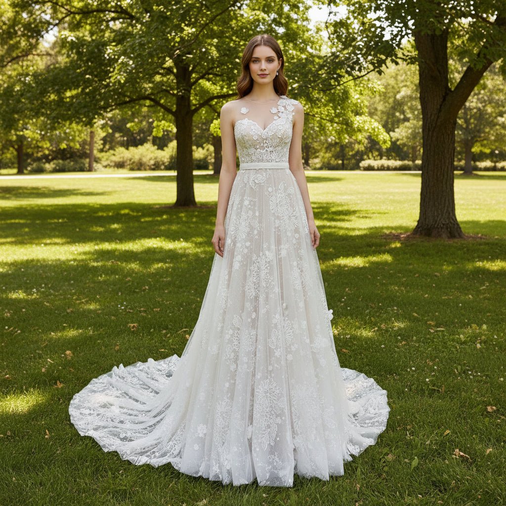 A-line Sweetheart Neck Wedding Dress with Floral Lace and Sash - Rosymae