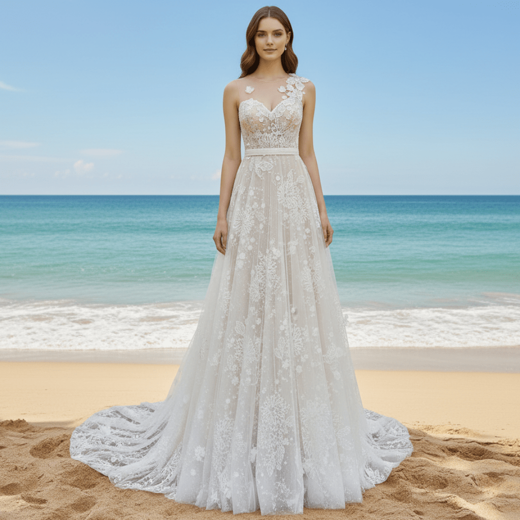 A-line Sweetheart Neck Wedding Dress with Floral Lace and Sash - Rosymae