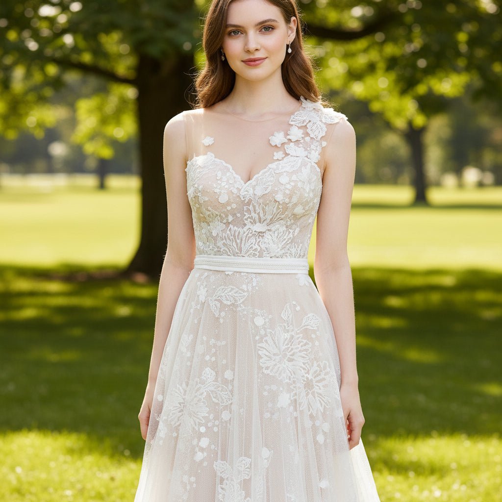 A-line Sweetheart Neck Wedding Dress with Floral Lace and Sash - Rosymae