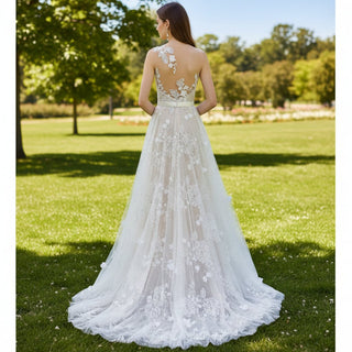 A-line Sweetheart Neck Wedding Dress with Floral Lace and Sash - Rosymae