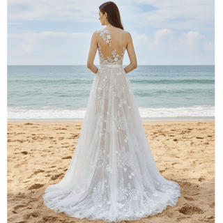 A-line Sweetheart Neck Wedding Dress with Floral Lace and Sash - Rosymae