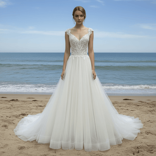 A-line Tank Top Vneck Wedding Dress with Tulle and Floral Lace - Rosymae