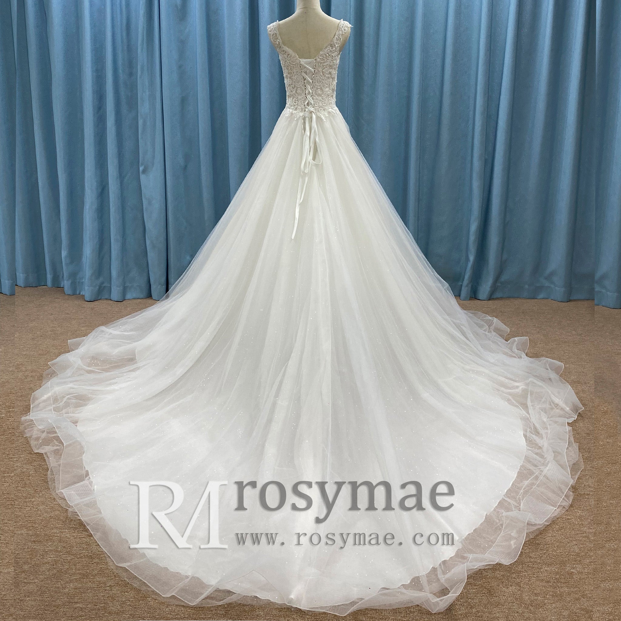 A-line Tank Top Vneck Wedding Dress with Tulle and Floral Lace - Rosymae