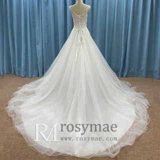 A-line Tank Top Vneck Wedding Dress with Tulle and Floral Lace - Rosymae