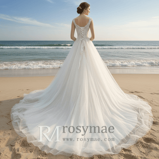 A-line Tank Top Vneck Wedding Dress with Tulle and Floral Lace - Rosymae