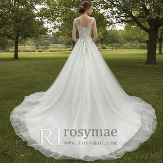 A-line Tank Top Vneck Wedding Dress with Tulle and Floral Lace - Rosymae