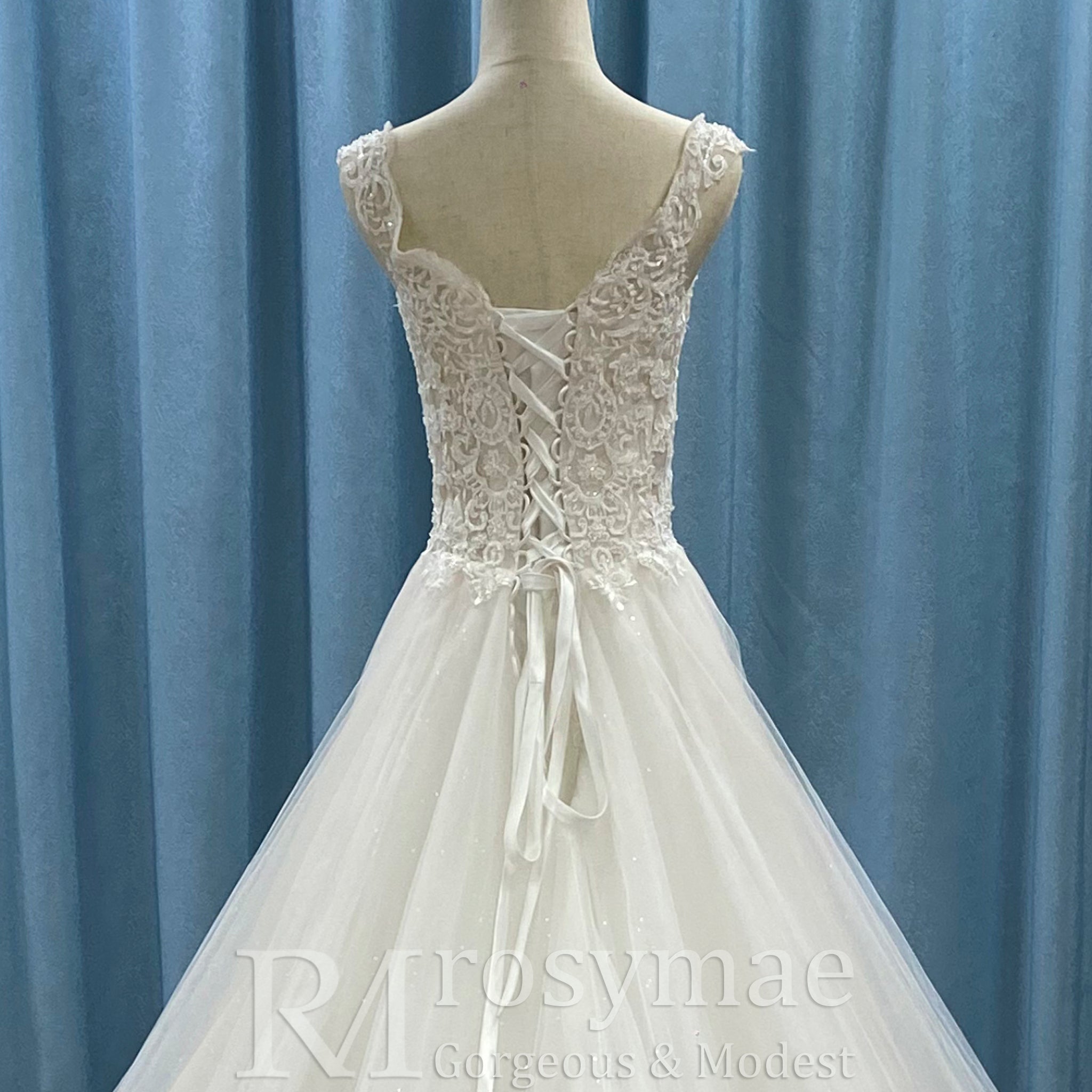 A-line Tank Top Vneck Wedding Dress with Tulle and Floral Lace - Rosymae