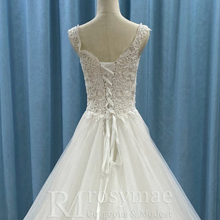 A-line Tank Top Vneck Wedding Dress with Tulle and Floral Lace - Rosymae