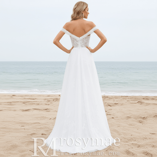 A-line Tulle and Lace Wedding Dress with Off the Shoulder Strappy - Rosymae