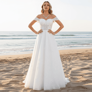 A-line Tulle and Lace Wedding Dress with Off the Shoulder Strappy - Rosymae