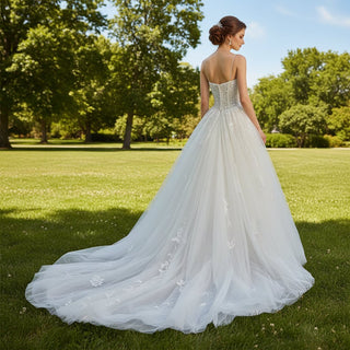 A-line Tulle Applique Lace Wedding Dress with Spaghetti Straps - Rosymae