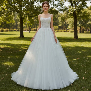 A-line Tulle Applique Lace Wedding Dress with Spaghetti Straps - Rosymae