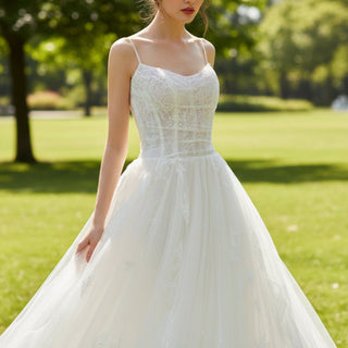 A-line Tulle Applique Lace Wedding Dress with Spaghetti Straps - Rosymae