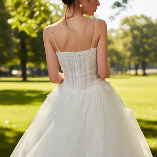 A-line Tulle Applique Lace Wedding Dress with Spaghetti Straps - Rosymae