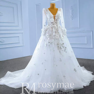 A-Line Tulle Appliques See Through Back Long Sleeve Wedding Dress - Rosymae