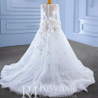 A-Line Tulle Appliques See Through Back Long Sleeve Wedding Dress - Rosymae