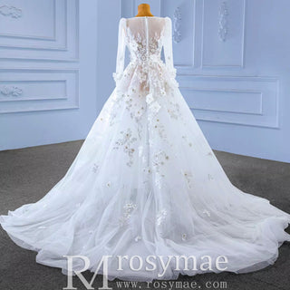 A-Line Tulle Appliques See Through Back Long Sleeve Wedding Dress - Rosymae