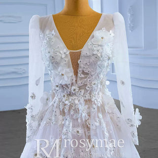 A-Line Tulle Appliques See Through Back Long Sleeve Wedding Dress - Rosymae