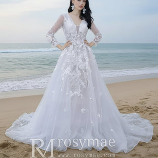 A-Line Tulle Appliques See Through Back Long Sleeve Wedding Dress - Rosymae