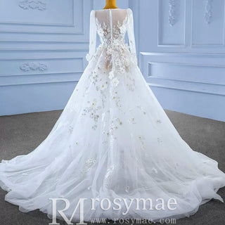 A-Line Tulle Appliques See Through Back Long Sleeve Wedding Dress - Rosymae