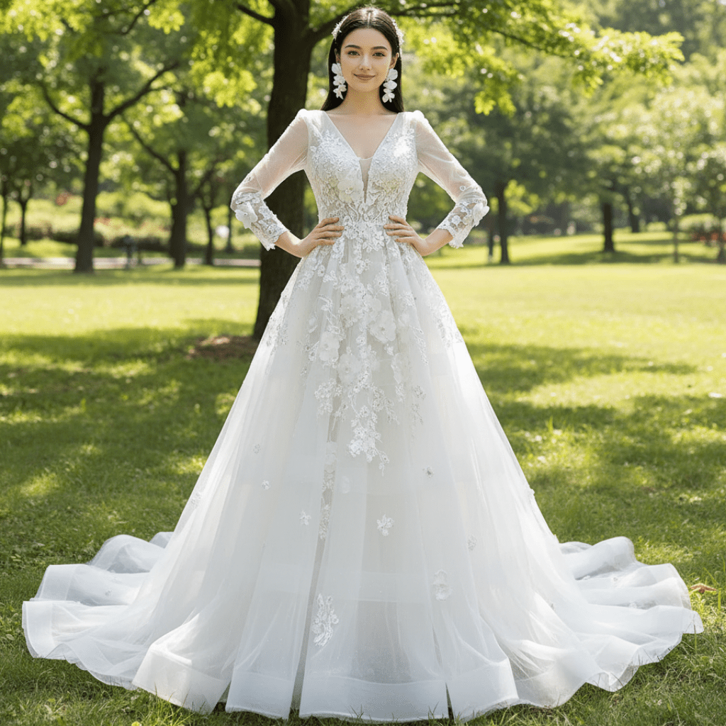 A-Line Tulle Appliques See Through Back Long Sleeve Wedding Dress - Rosymae