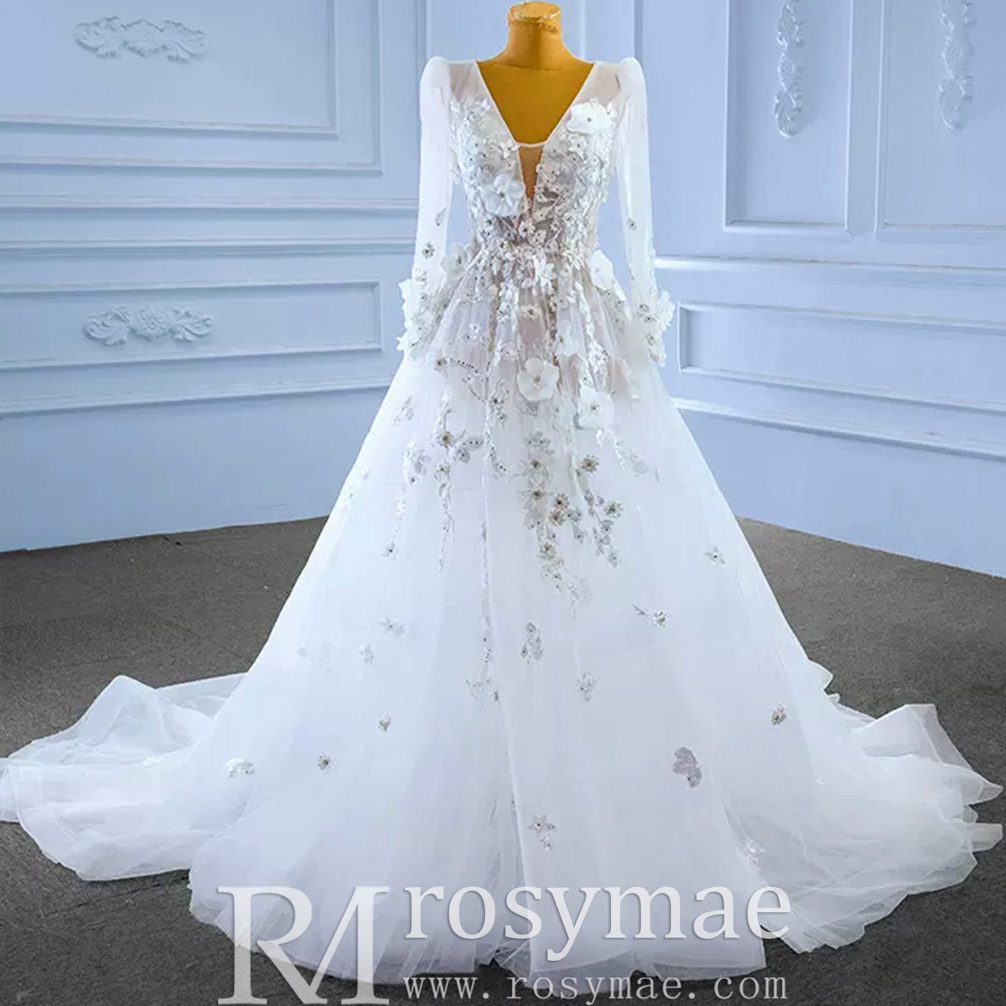 A-Line Tulle Appliques See Through Back Long Sleeve Wedding Dress - Rosymae