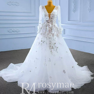 A-Line Tulle Appliques See Through Back Long Sleeve Wedding Dress - Rosymae