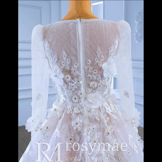 A-Line Tulle Appliques See Through Back Long Sleeve Wedding Dress - Rosymae