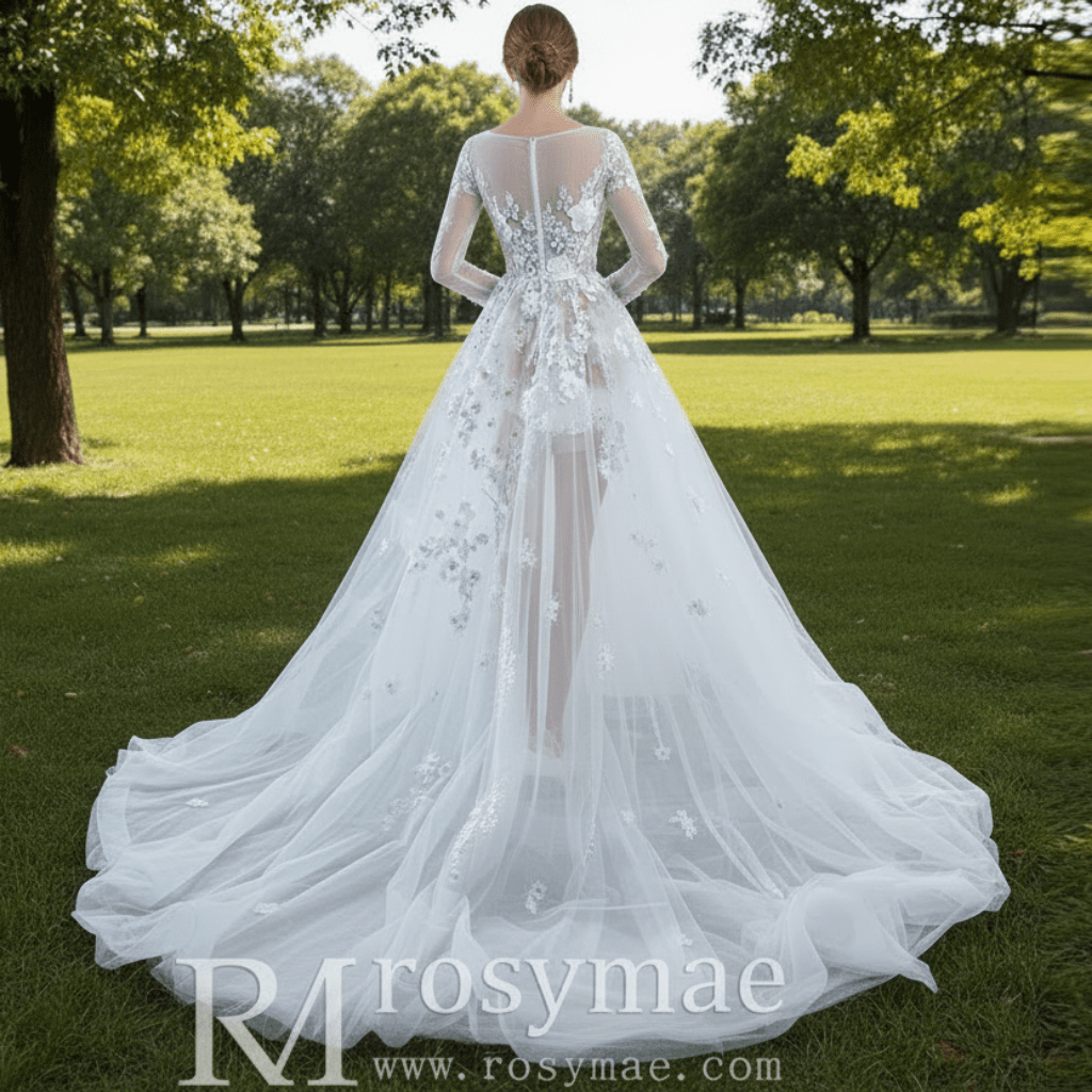 A-Line Tulle Appliques See Through Back Long Sleeve Wedding Dress - Rosymae