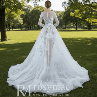 A-Line Tulle Appliques See Through Back Long Sleeve Wedding Dress - Rosymae