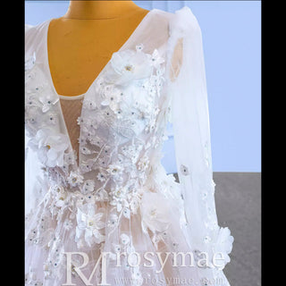A-Line Tulle Appliques See Through Back Long Sleeve Wedding Dress - Rosymae