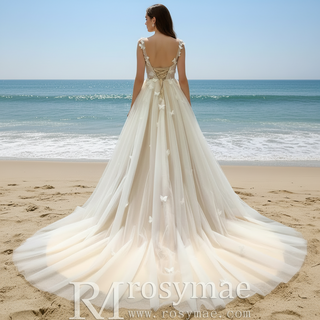 Elegant Butterfly Appliqued Tulle A-Line Wedding Dress with Open Back