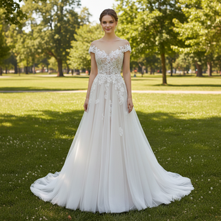 Elegant Cap Sleeve Tulle Lace Sheath Wedding Dress with Sheer Neck