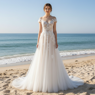 Elegant Cap Sleeve Tulle Lace Sheath Wedding Dress with Sheer Neck
