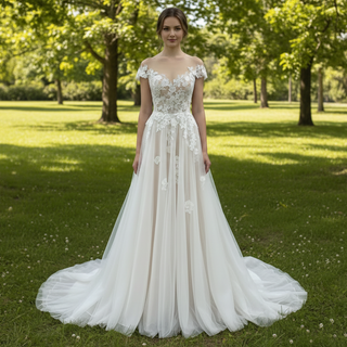 Elegant Cap Sleeve Tulle Lace Sheath Wedding Dress with Sheer Neck