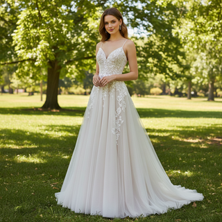 Classic Sheath Tulle Lace Vneck Wedding Dress with Spaghetti Straps