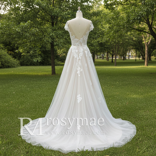 Elegant Cap Sleeve Tulle Lace Sheath Wedding Dress with Sheer Neck