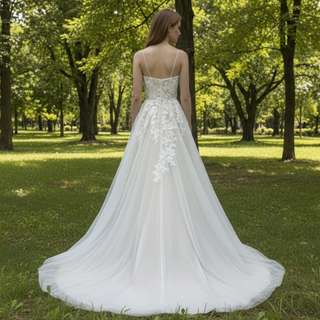 Classic Sheath Tulle Lace Vneck Wedding Dress with Spaghetti Straps