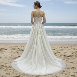 Classic Sheath Tulle Lace Vneck Wedding Dress with Spaghetti Straps